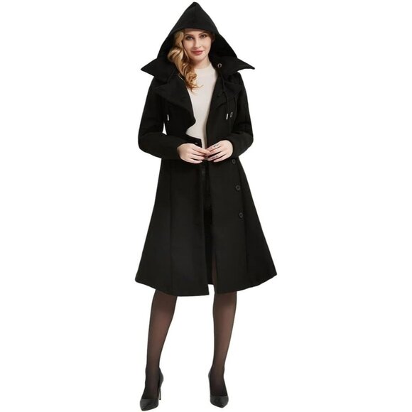 Women Black Trench Coat Goth Lapel Peacoat Wool Winter Thick Hood Pea Jacket - Picture 4 of 7